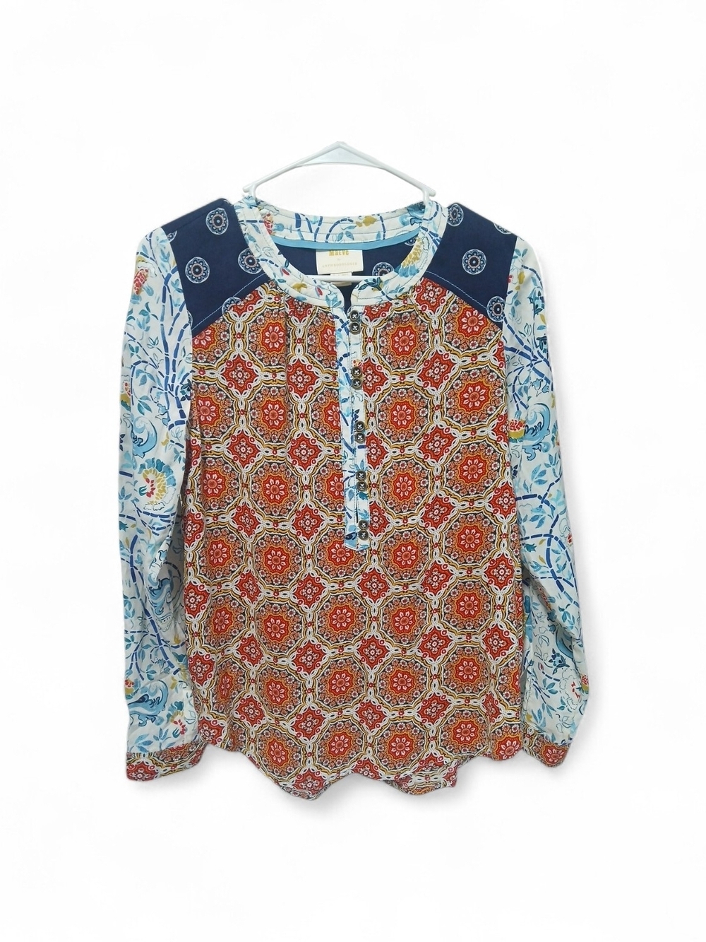 Anthropologie Mixed-Print Henley Top - Red, Navy & Light Blue
